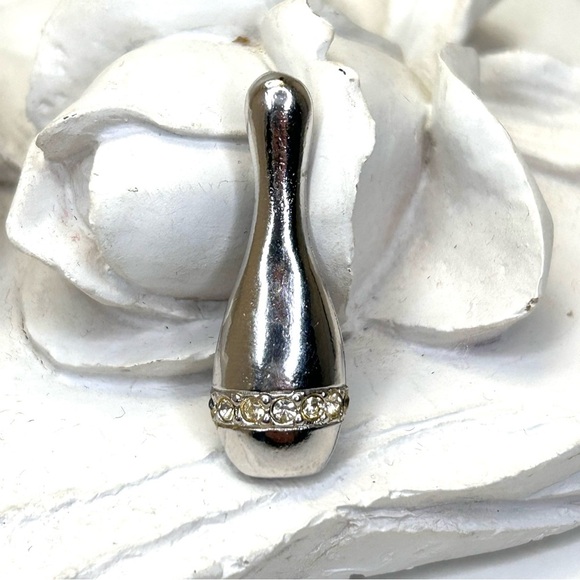 Silver Tone Bowling Pin With Crystals Unisex Brooch Pin - Picture 6 of 9